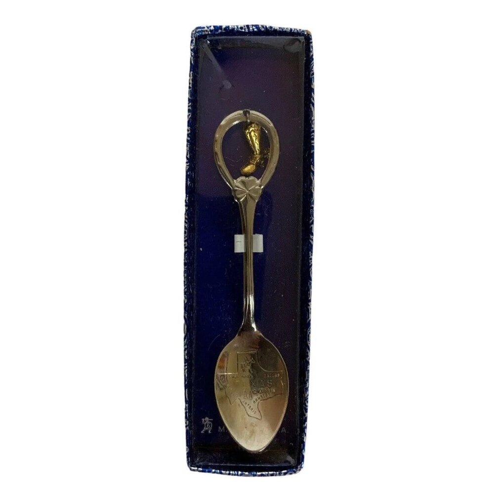 Texas Collectible Souvenir Spoon Gold Boot Charm & State Map Design Silvertone